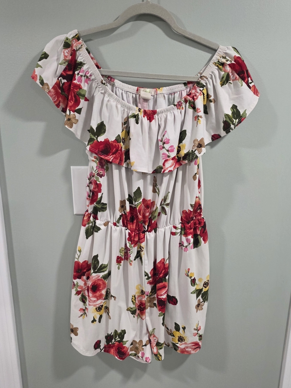 Floral Off-Shoulder White Romper with Red Rose Print